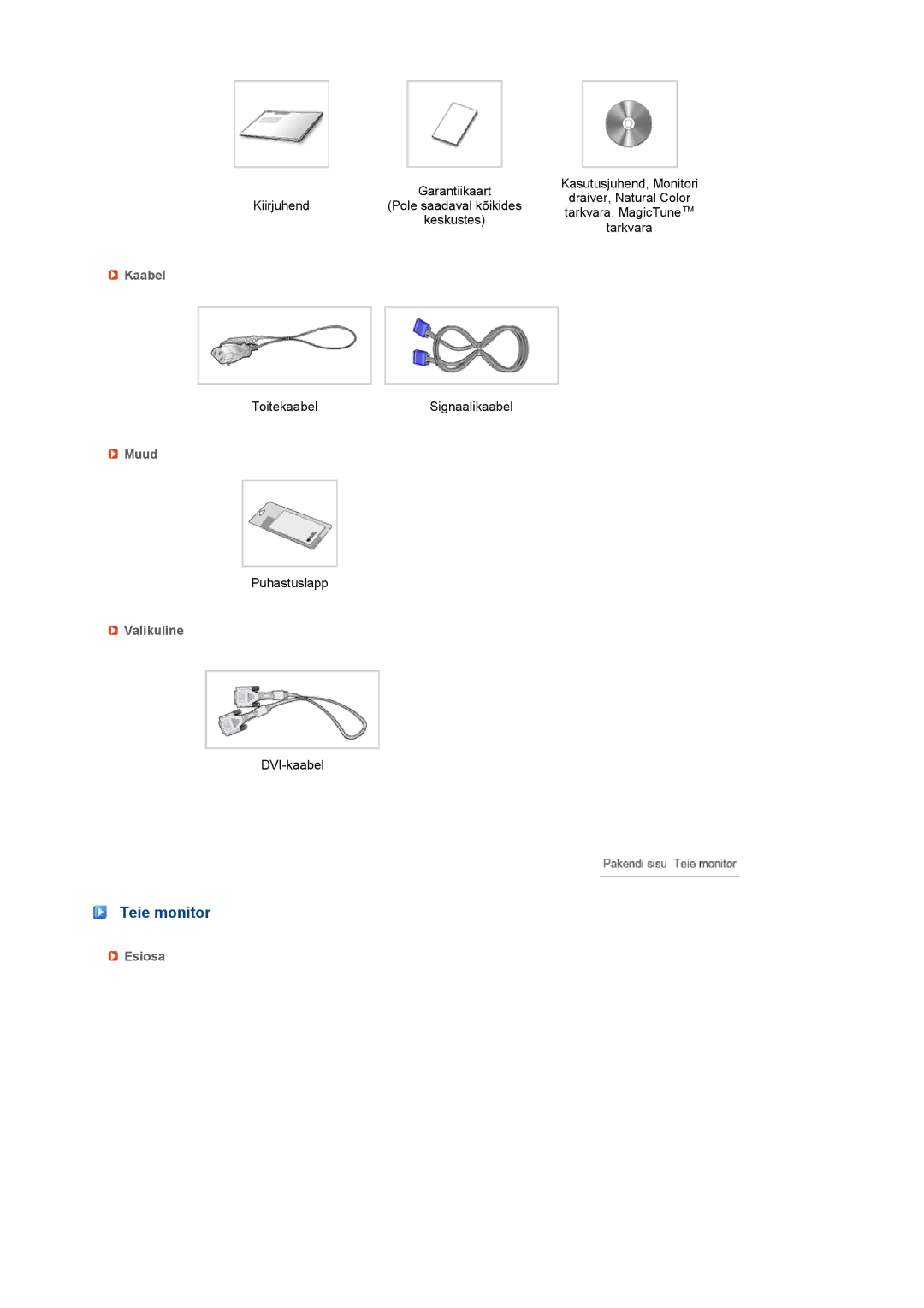 Samsung LS22MEVSFV/EDC manual Teie monitor, Kaabel, Muud, Valikuline, Esiosa 