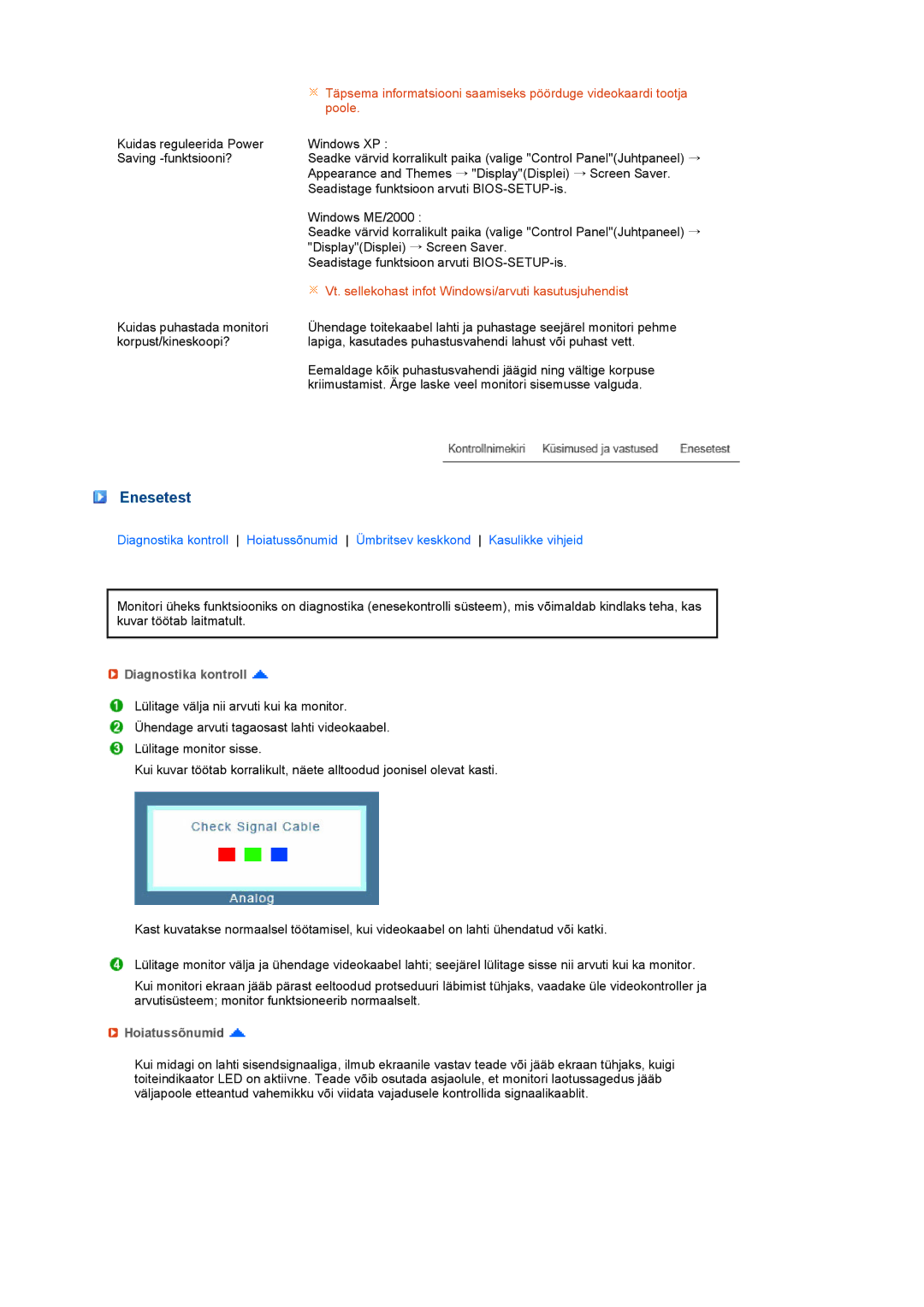 Samsung LS22MEVSFV/EDC manual Enesetest, Diagnostika kontroll, Hoiatussõnumid 