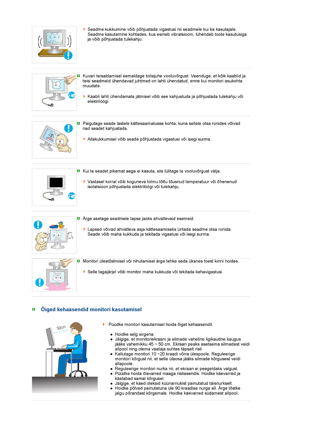 Samsung LS22MEVSFV/EDC manual Õiged kehaasendid monitori kasutamisel 