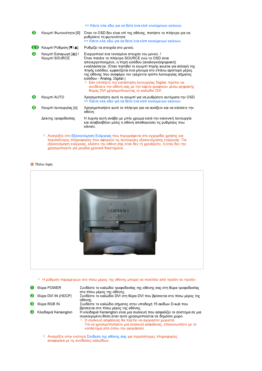 Samsung LS22MEVSFV/EDC manual Κάντε κλικ εδώ για να δείτε ένα κλιπ κινούµενων εικόνων, Πίσω όψη 