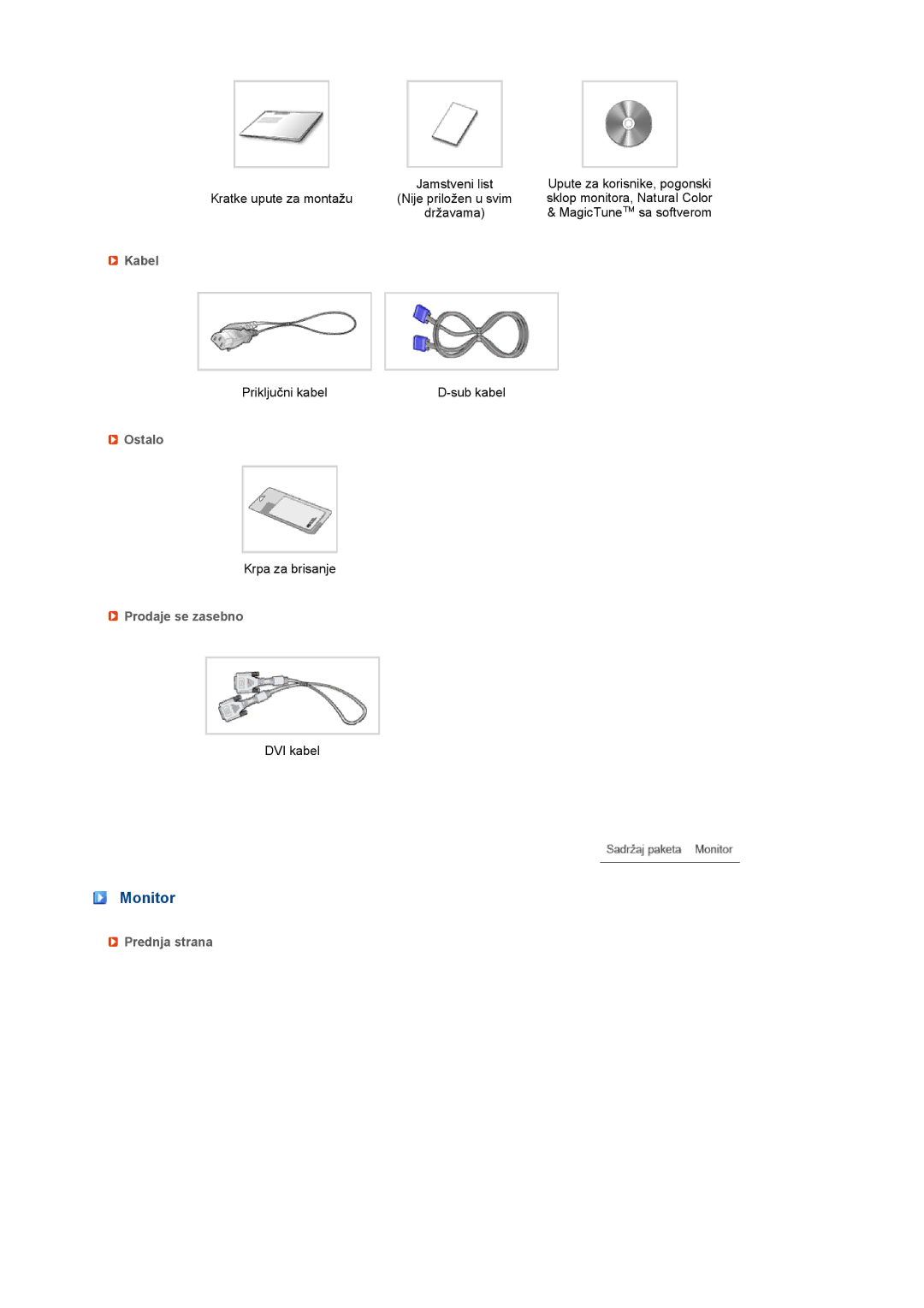 Samsung LS22MEVSFV/EDC manual Monitor, Kabel, Ostalo, Prodaje se zasebno, Prednja strana 