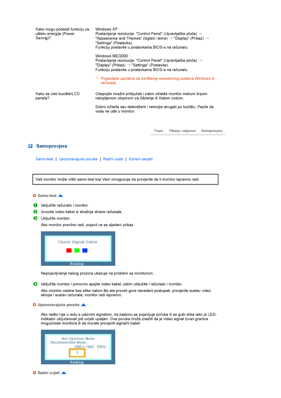 Samsung LS22MEVSFV/EDC manual Samoprovjera, Samo-test, Upozoravajuće poruke, Radni uvjeti 