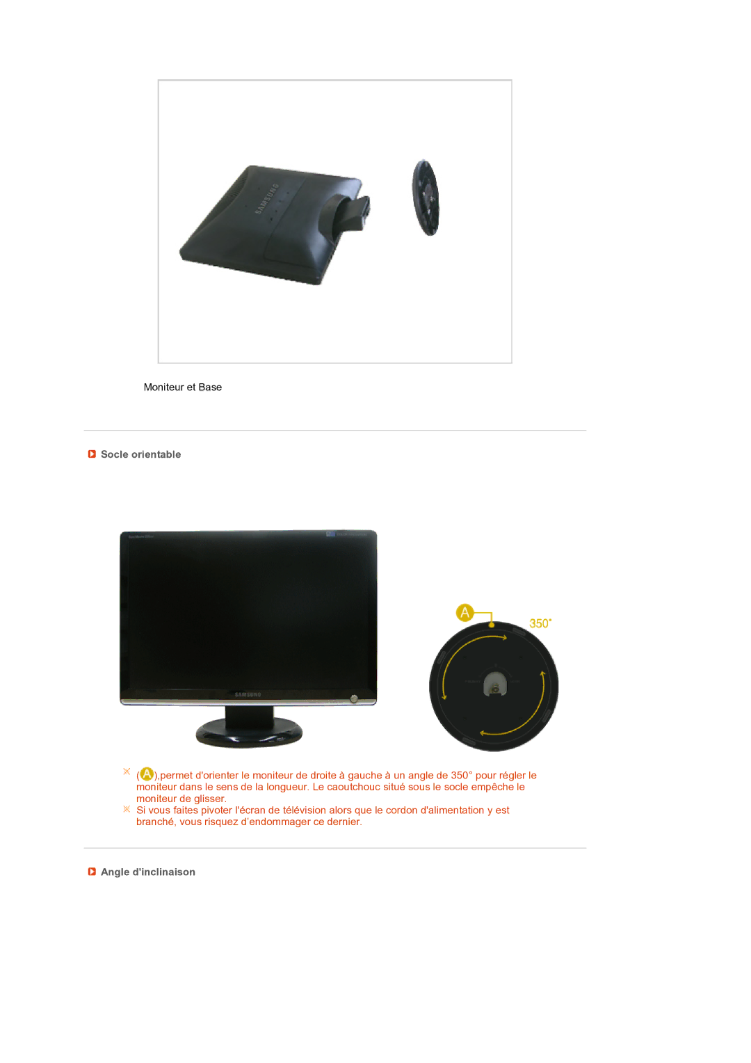 Samsung LS22MEXSFV/EDC manual Socle orientable, Angle dinclinaison 