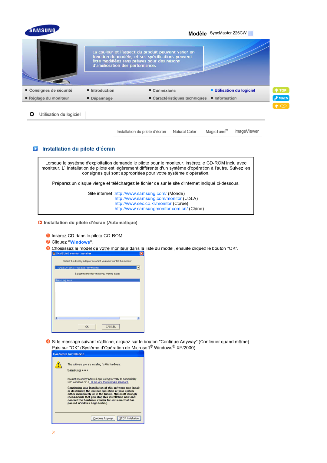 Samsung LS22MEXSFV/EDC manual Installation du pilote d’écran Automatique 