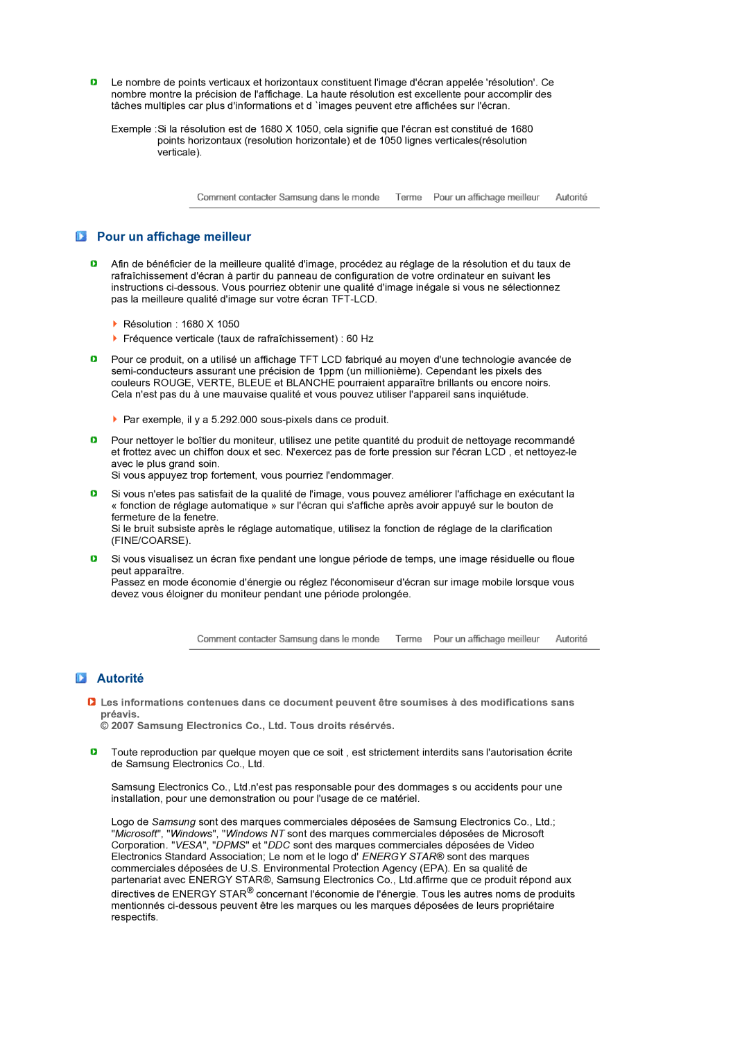 Samsung LS22MEXSFV/EDC manual Pour un affichage meilleur, Autorité 