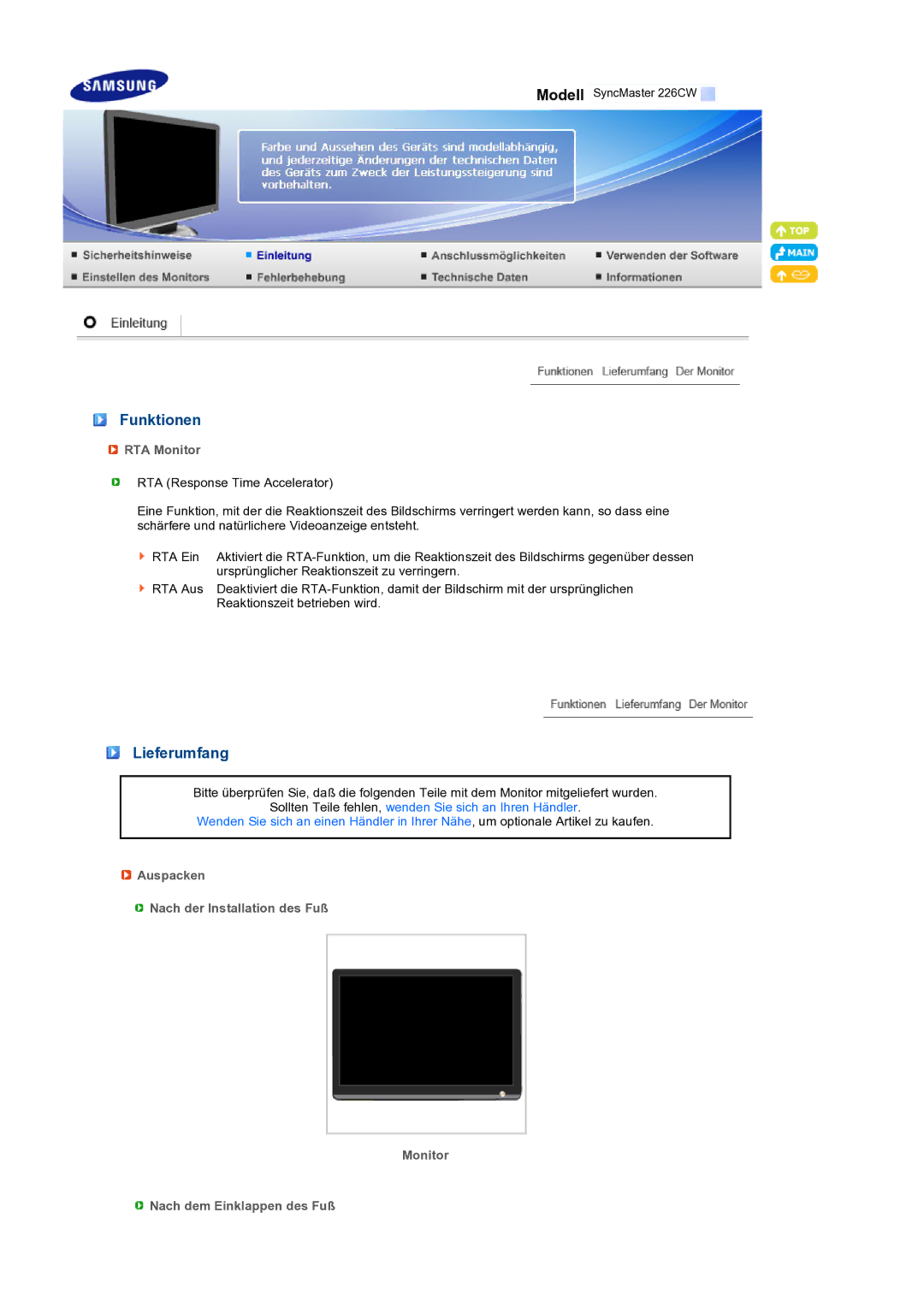 Samsung LS22MEXSFV/EDC manual Funktionen, Lieferumfang, RTA Monitor 