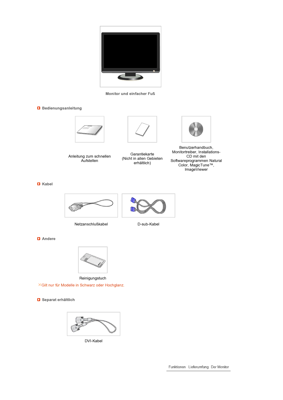 Samsung LS22MEXSFV/EDC manual Monitor und einfacher Fuß Bedienungsanleitung, Kabel, Andere, Separat erhältlich 