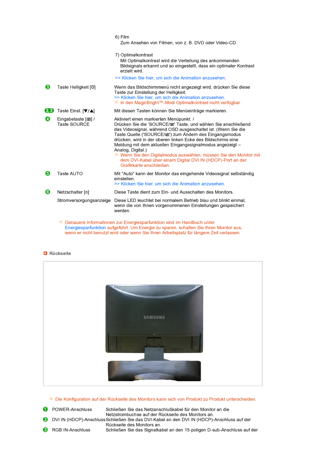 Samsung LS22MEXSFV/EDC manual Klicken Sie hier, um sich die Animation anzusehen, Rückseite 