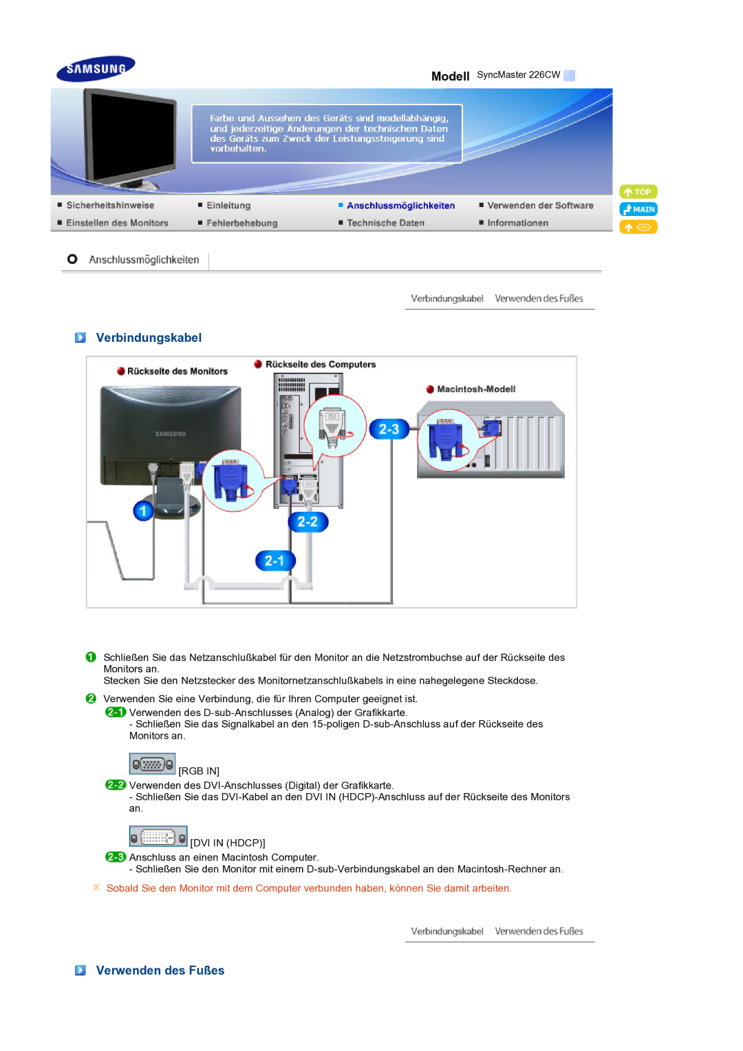 Samsung LS22MEXSFV/EDC manual Verbindungskabel, Verwenden des Fußes 