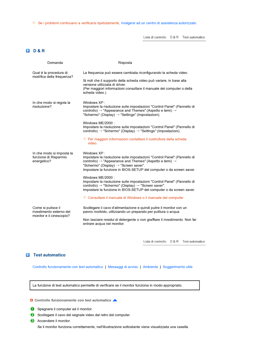 Samsung LS22MEXSFV/EDC manual Test automatico, Controllo funzionamento con test automatico 