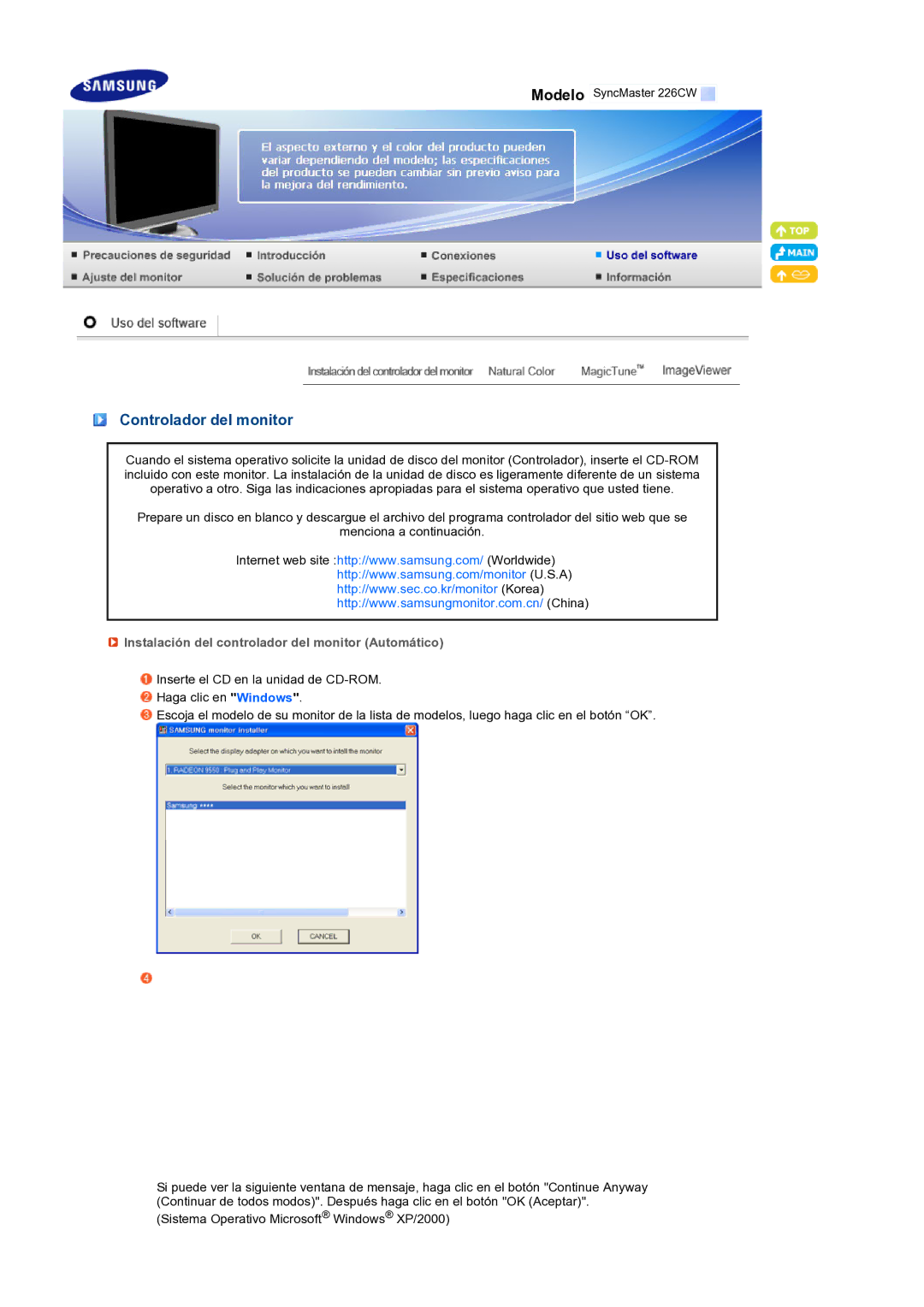 Samsung LS22MEXSFV/EDC manual Controlador del monitor, Instalación del controlador del monitor Automático 