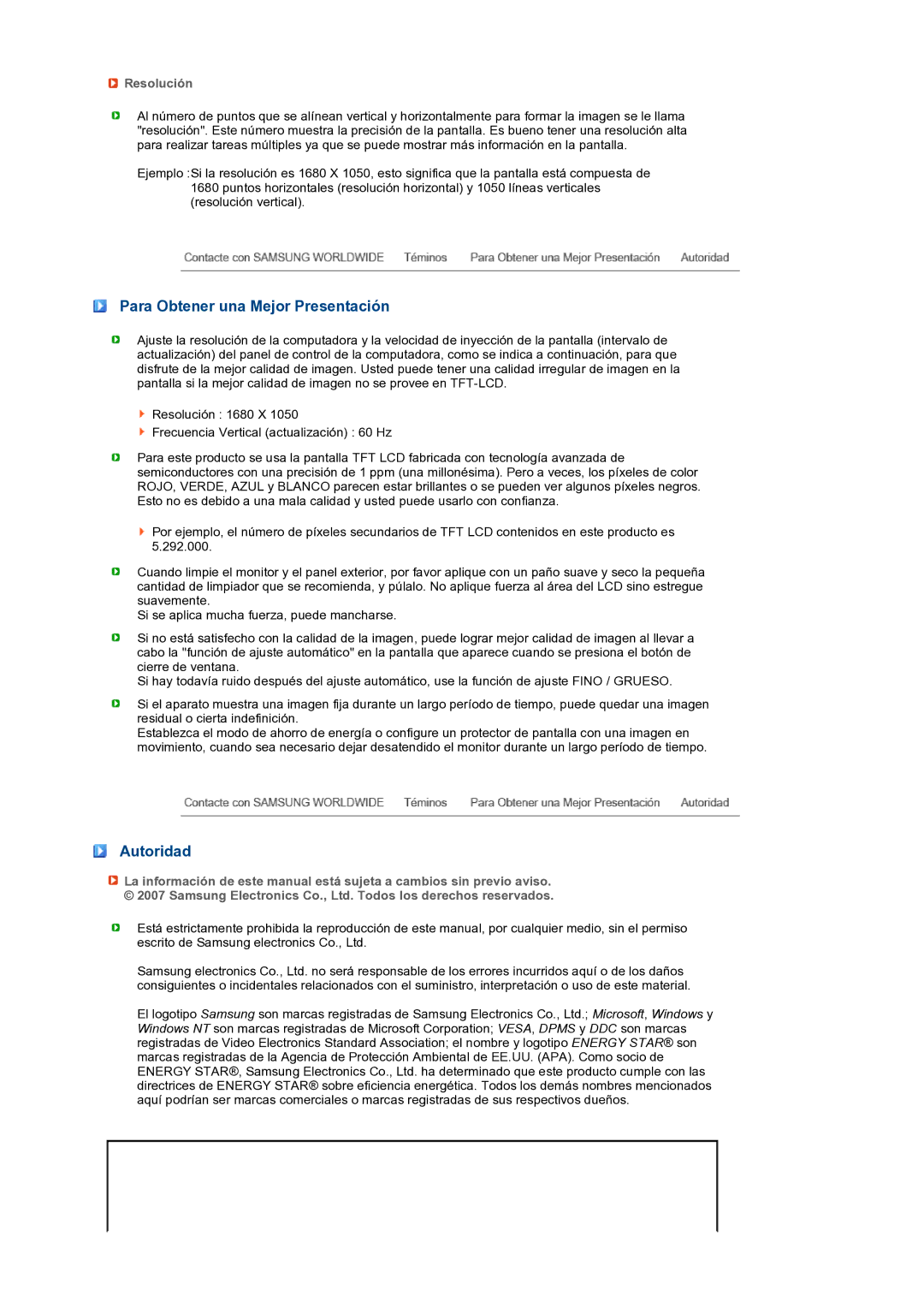 Samsung LS22MEXSFV/EDC manual Para Obtener una Mejor Presentación, Autoridad, Resolución 