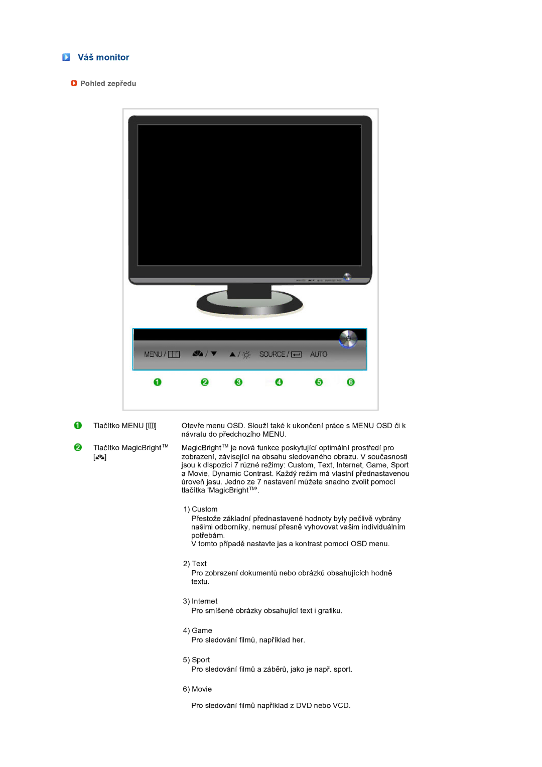 Samsung LS22MEXSFV/EDC manual Váš monitor, Pohled zepředu 