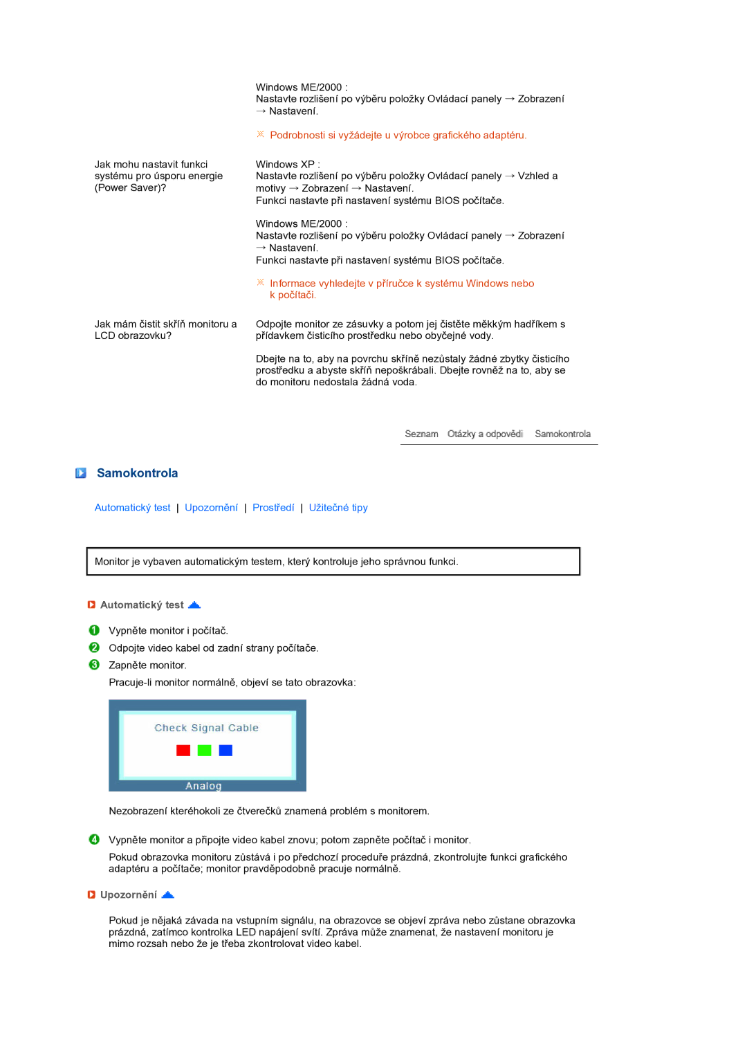 Samsung LS22MEXSFV/EDC manual Samokontrola, Automatický test, Upozornění 