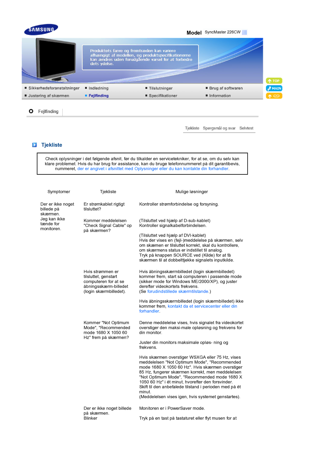 Samsung LS22MEXSFV/EDC manual Tjekliste, Se forudindstillede skærmtilstande 