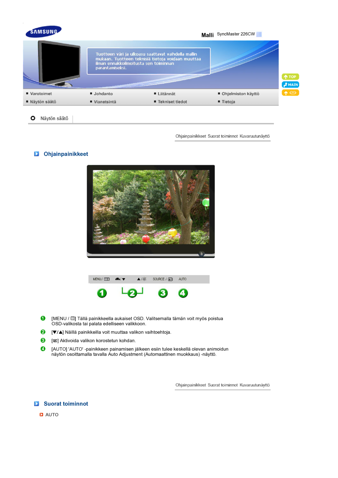 Samsung LS22MEXSFV/EDC manual Ohjainpainikkeet, Suorat toiminnot 