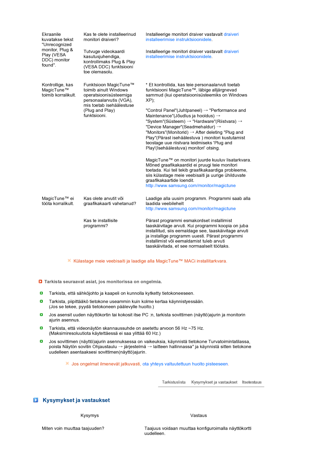 Samsung LS22MEXSFV/EDC manual Kysymykset ja vastaukset, Tarkista seuraavat asiat, jos monitorissa on ongelmia 