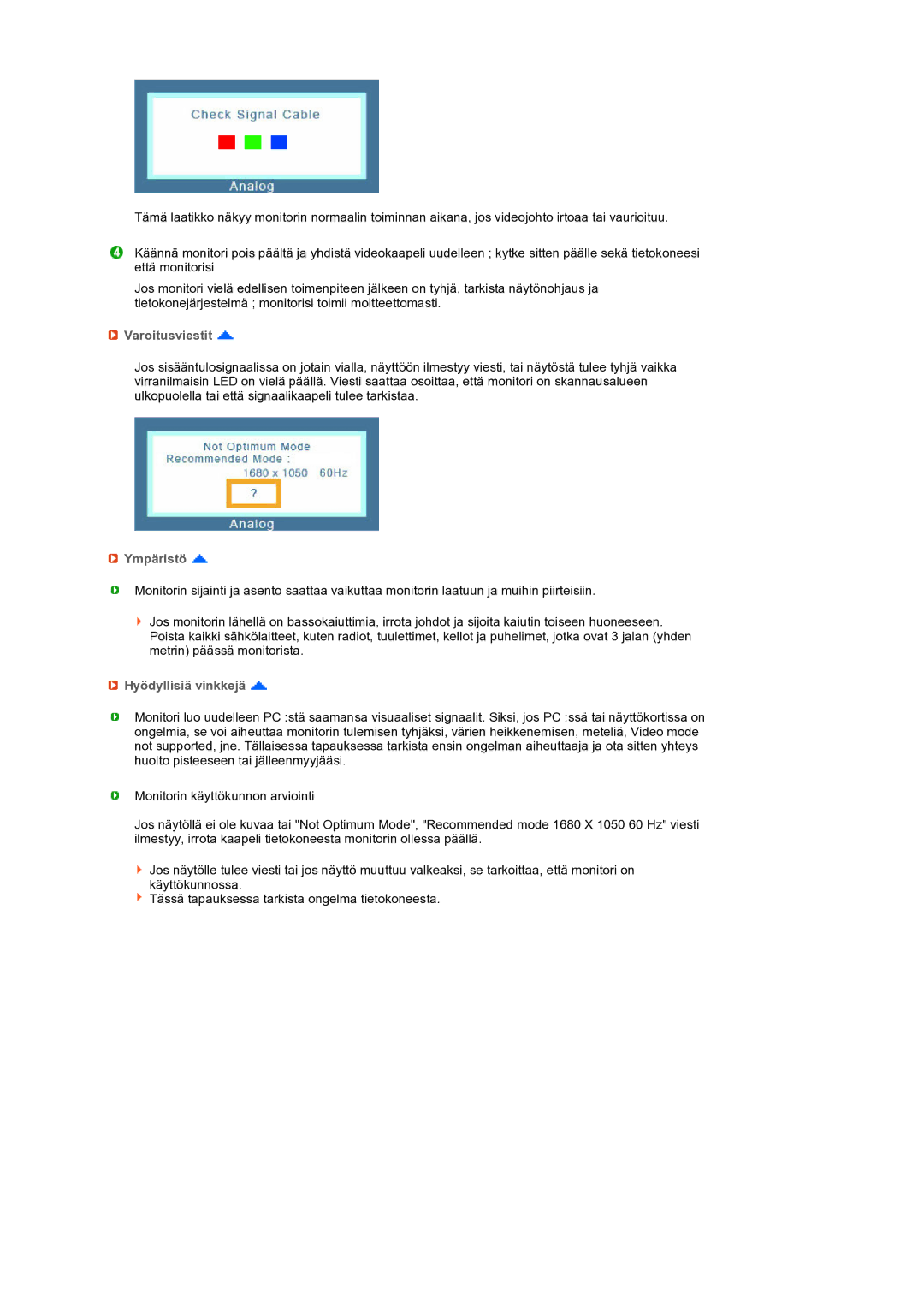 Samsung LS22MEXSFV/EDC manual Varoitusviestit, Ympäristö, Hyödyllisiä vinkkejä 