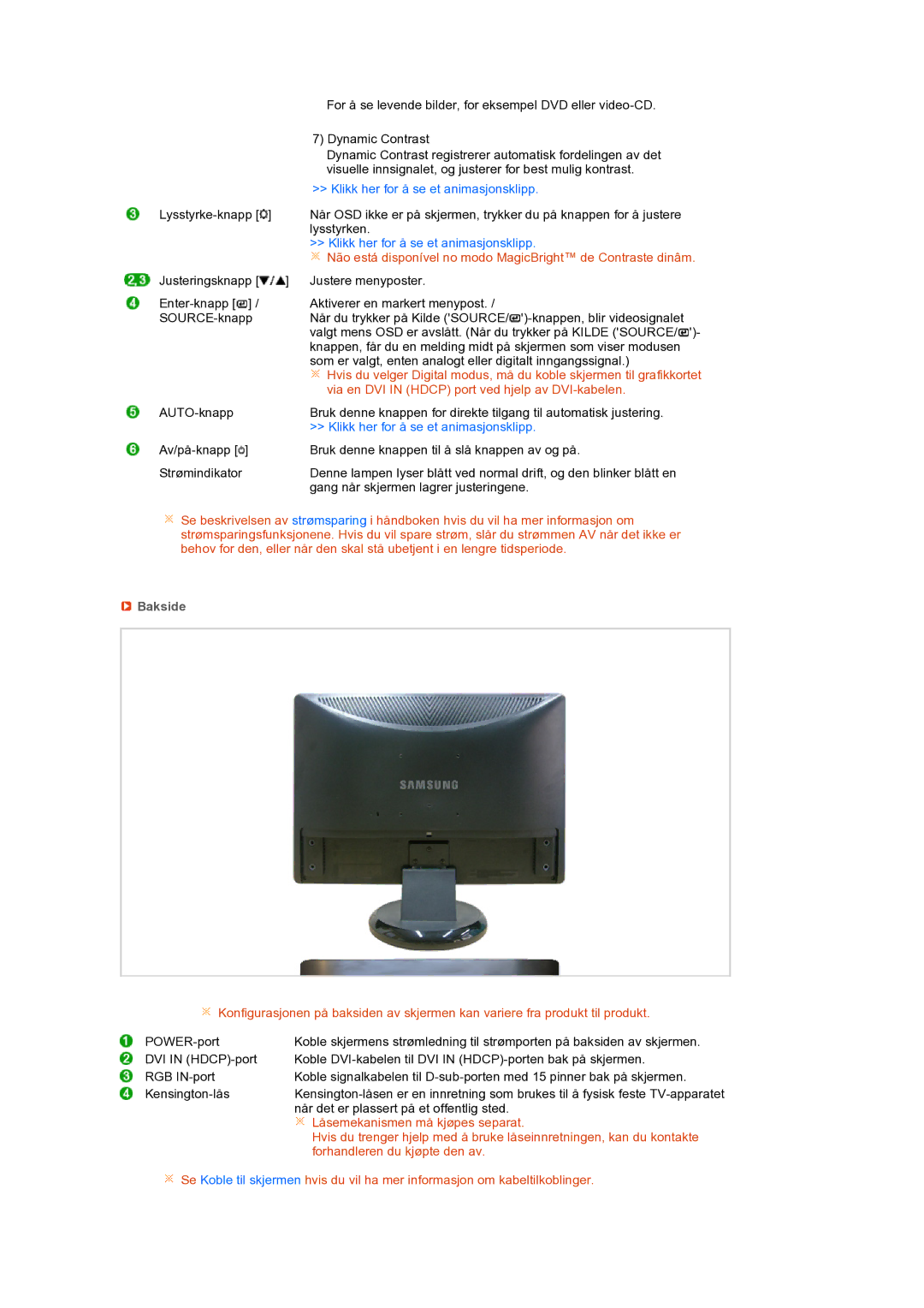 Samsung LS22MEXSFV/EDC manual Klikk her for å se et animasjonsklipp, Bakside 