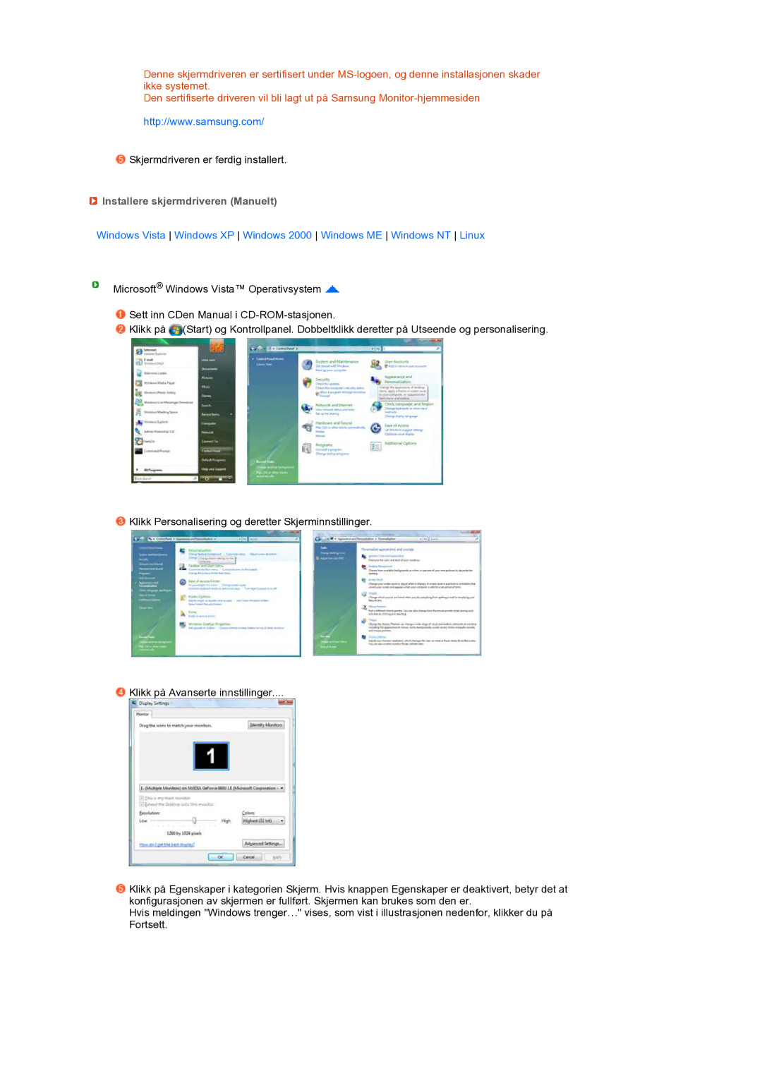 Samsung LS22MEXSFV/EDC manual Installere skjermdriveren Manuelt 