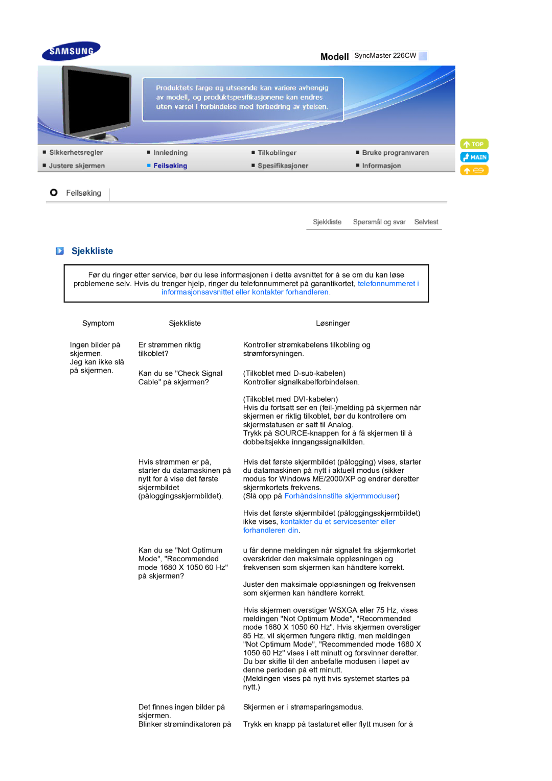 Samsung LS22MEXSFV/EDC manual Sjekkliste, Informasjonsavsnittet eller kontakter forhandleren 