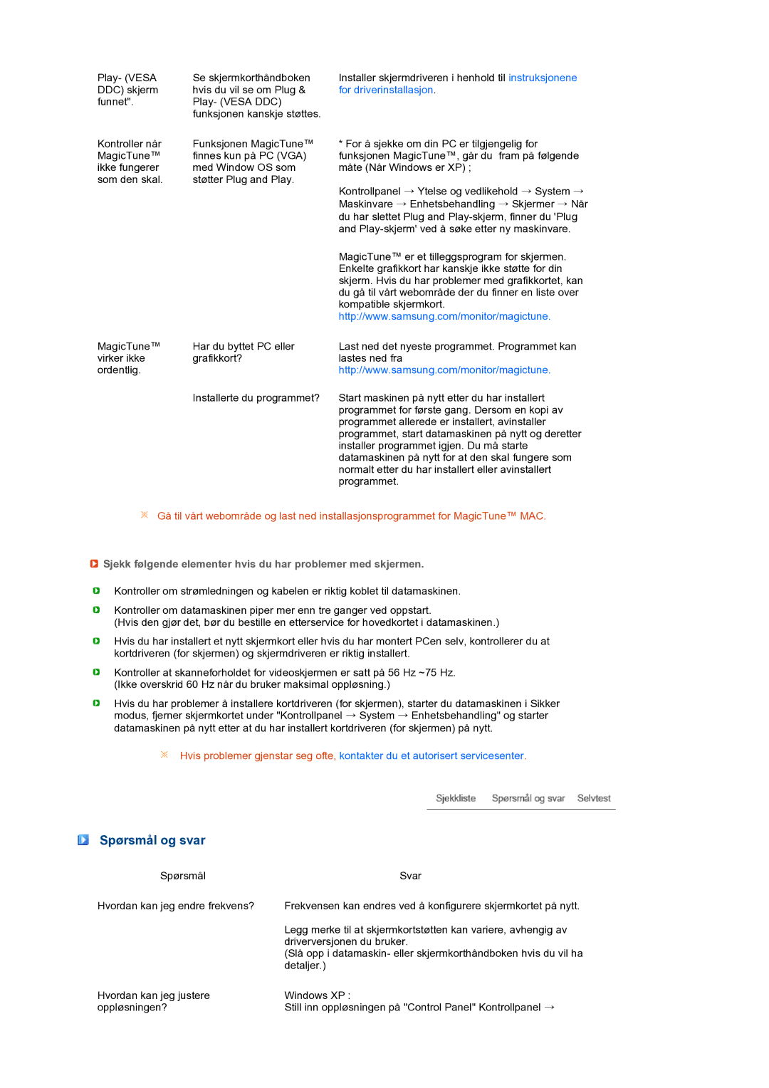 Samsung LS22MEXSFV/EDC manual Spørsmål og svar, Sjekk følgende elementer hvis du har problemer med skjermen 