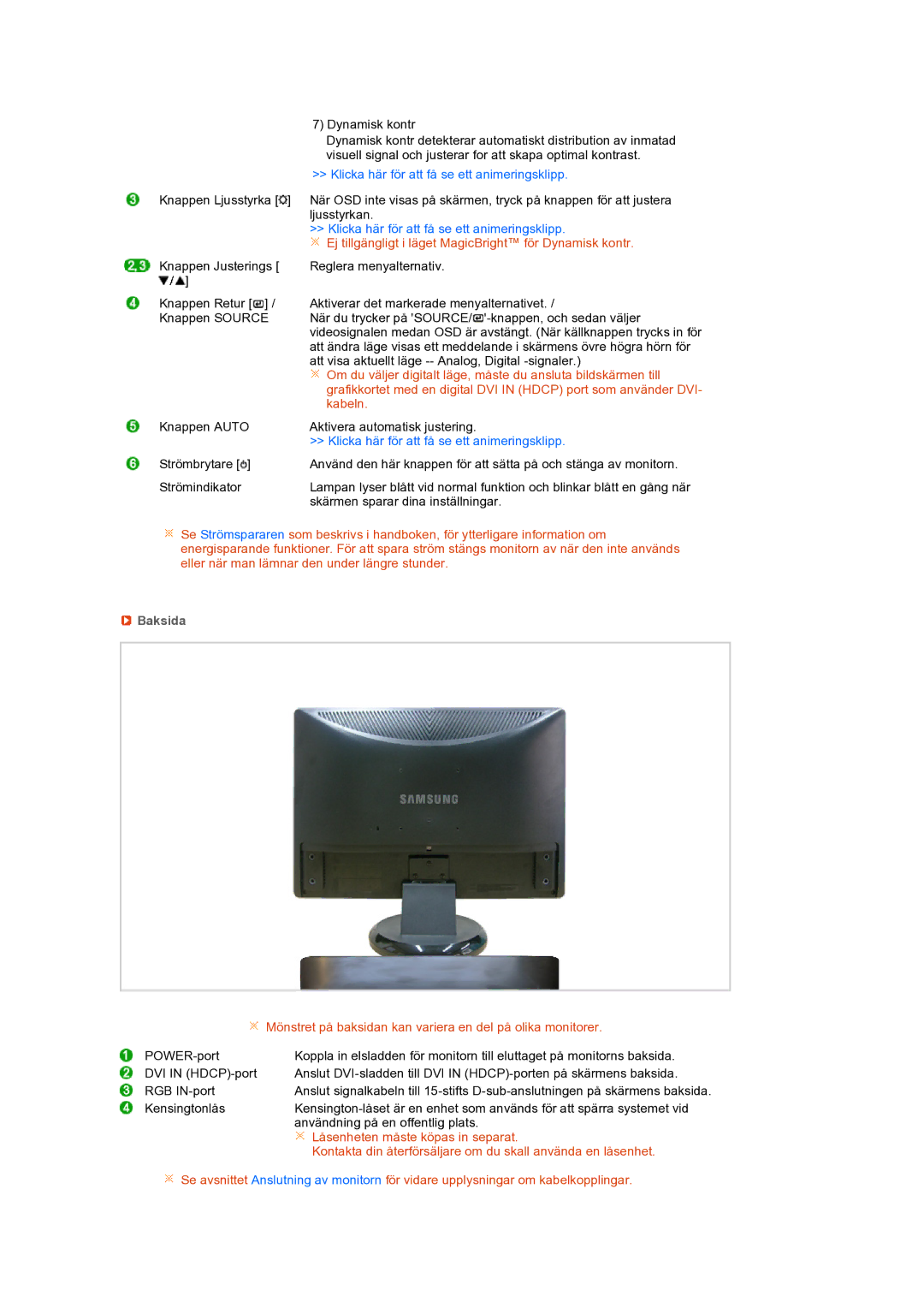 Samsung LS22MEXSFV/EDC manual Klicka här för att få se ett animeringsklipp, Baksida 