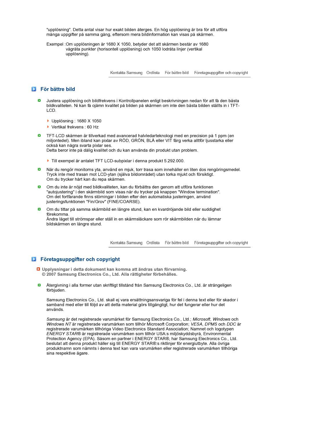 Samsung LS22MEXSFV/EDC manual För bättre bild, Företagsuppgifter och copyright 