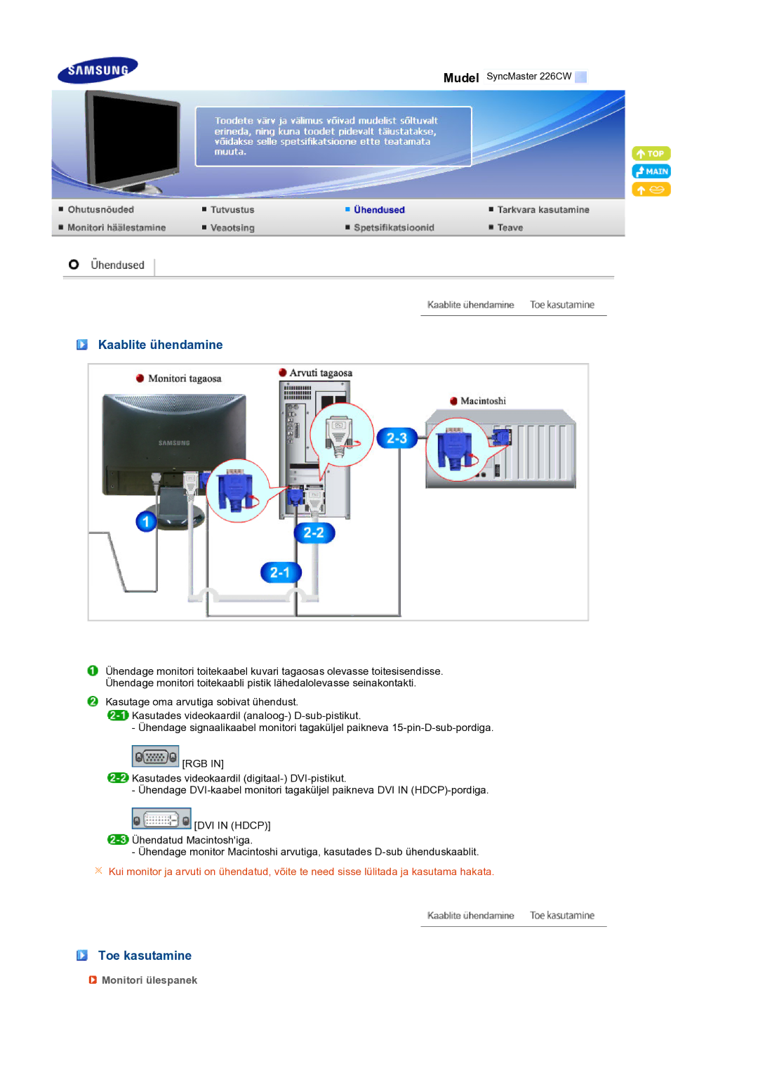 Samsung LS22MEXSFV/EDC manual Kaablite ühendamine, Toe kasutamine, Monitori ülespanek 