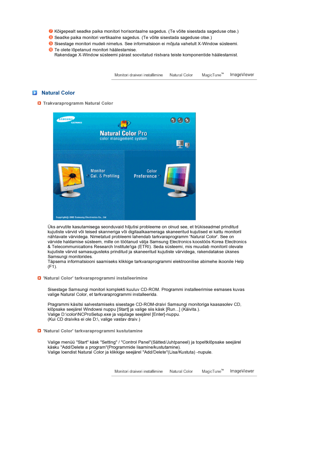 Samsung LS22MEXSFV/EDC manual Trakvaraprogramm Natural Color, Natural Color tarkvaraprogrammi installeerimine 