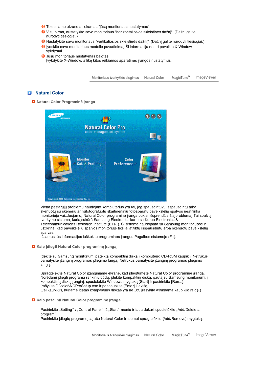 Samsung LS22MEXSFV/EDC manual Natural Color Programinė įranga, Kaip įdiegti Natural Color programinę įrangą 