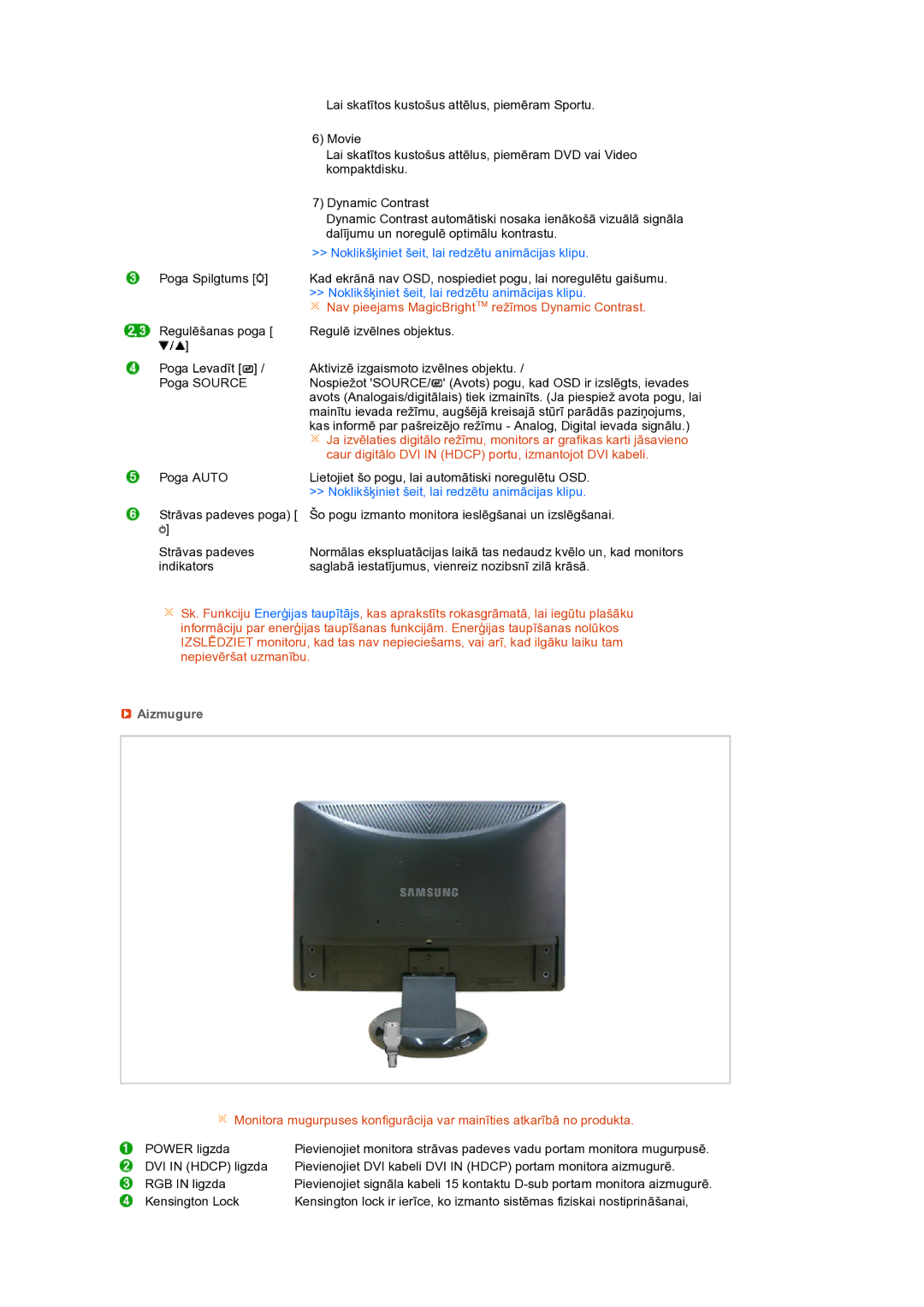 Samsung LS22MEXSFV/EDC manual Nav pieejams MagicBright režīmos Dynamic Contrast, Aizmugure 