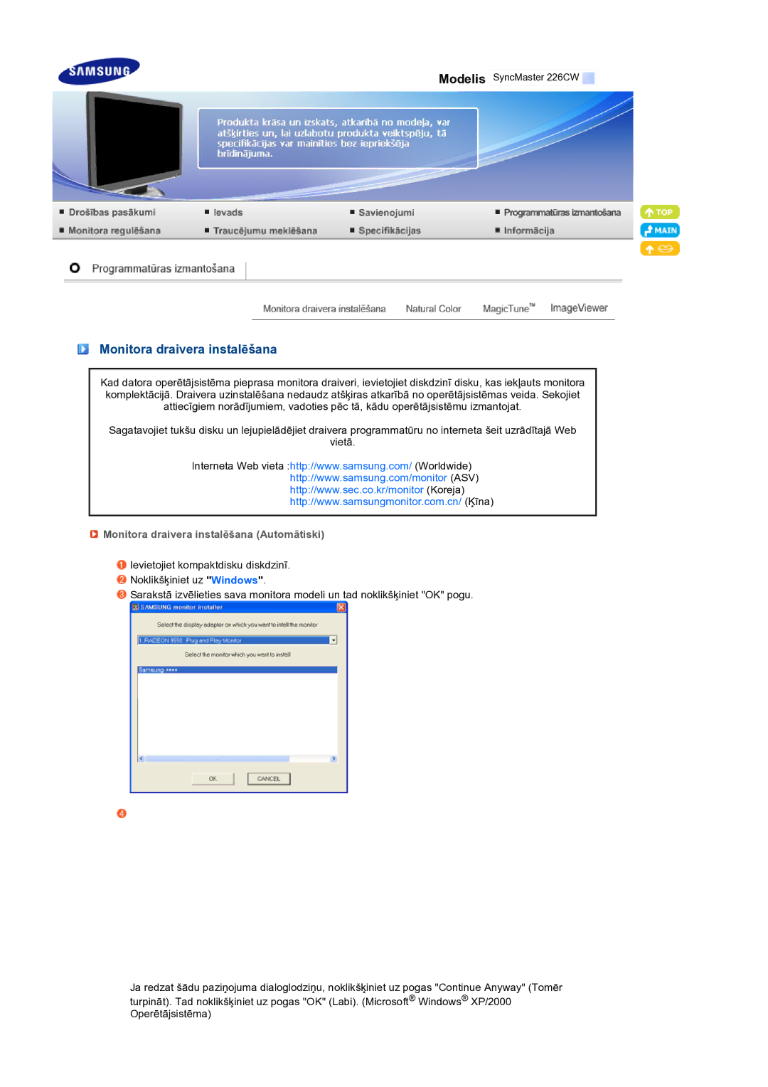 Samsung LS22MEXSFV/EDC manual Monitora draivera instalēšana Automātiski 