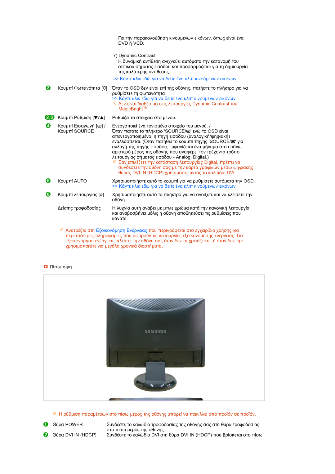 Samsung LS22MEXSFV/EDC manual Κάντε κλικ εδώ για να δείτε ένα κλιπ κινούµενων εικόνων, Πίσω όψη 