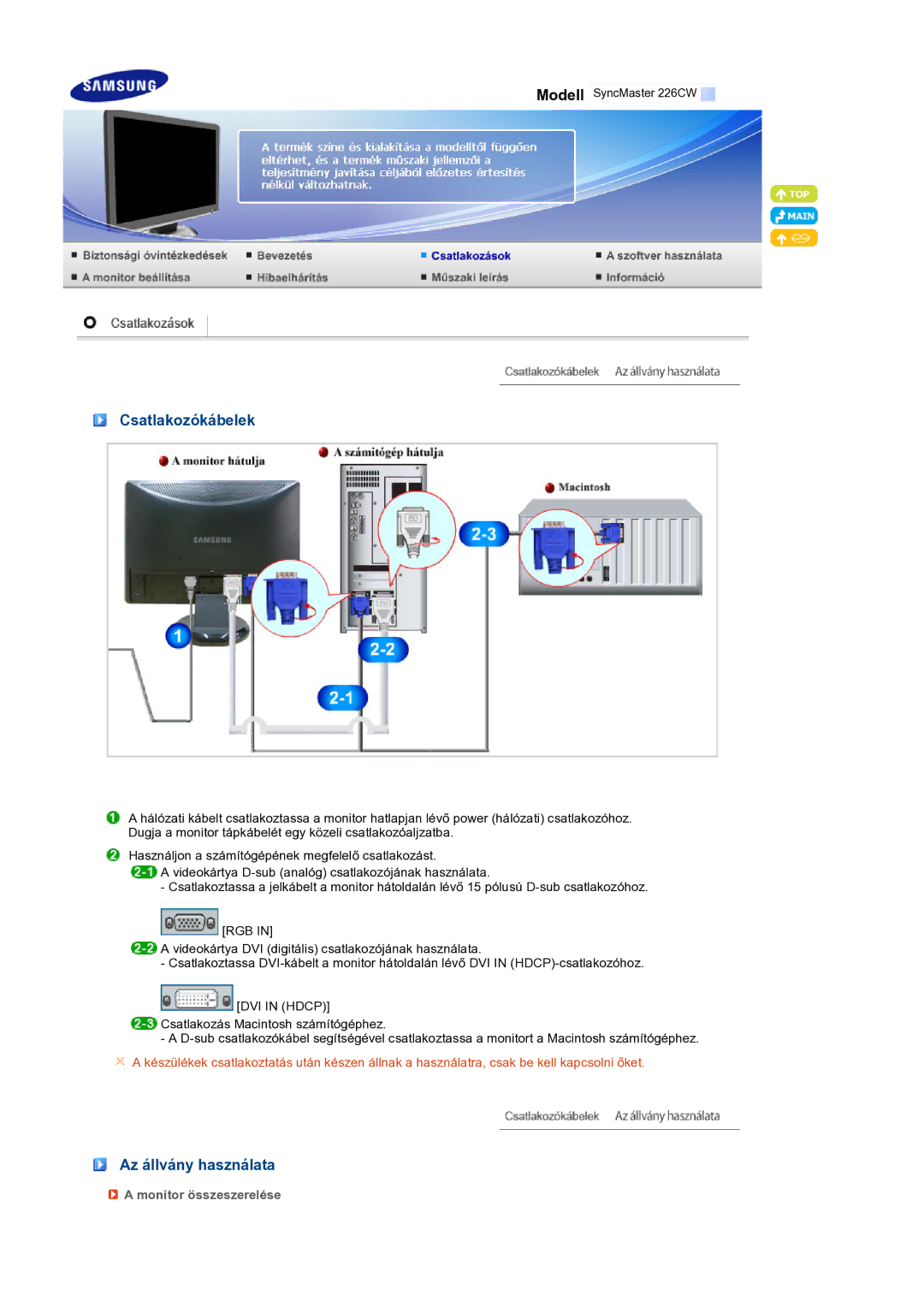 Samsung LS22MEXSFV/EDC manual Csatlakozókábelek, Az állvány használata, Monitor összeszerelése 