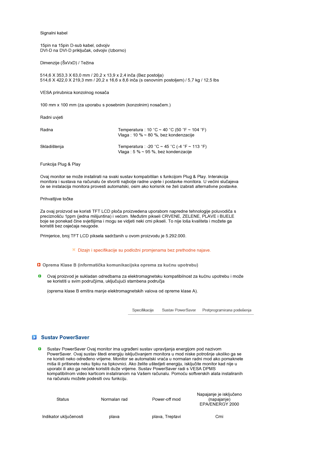 Samsung LS22MEXSFV/EDC manual Sustav PowerSaver, Epa/Energy 