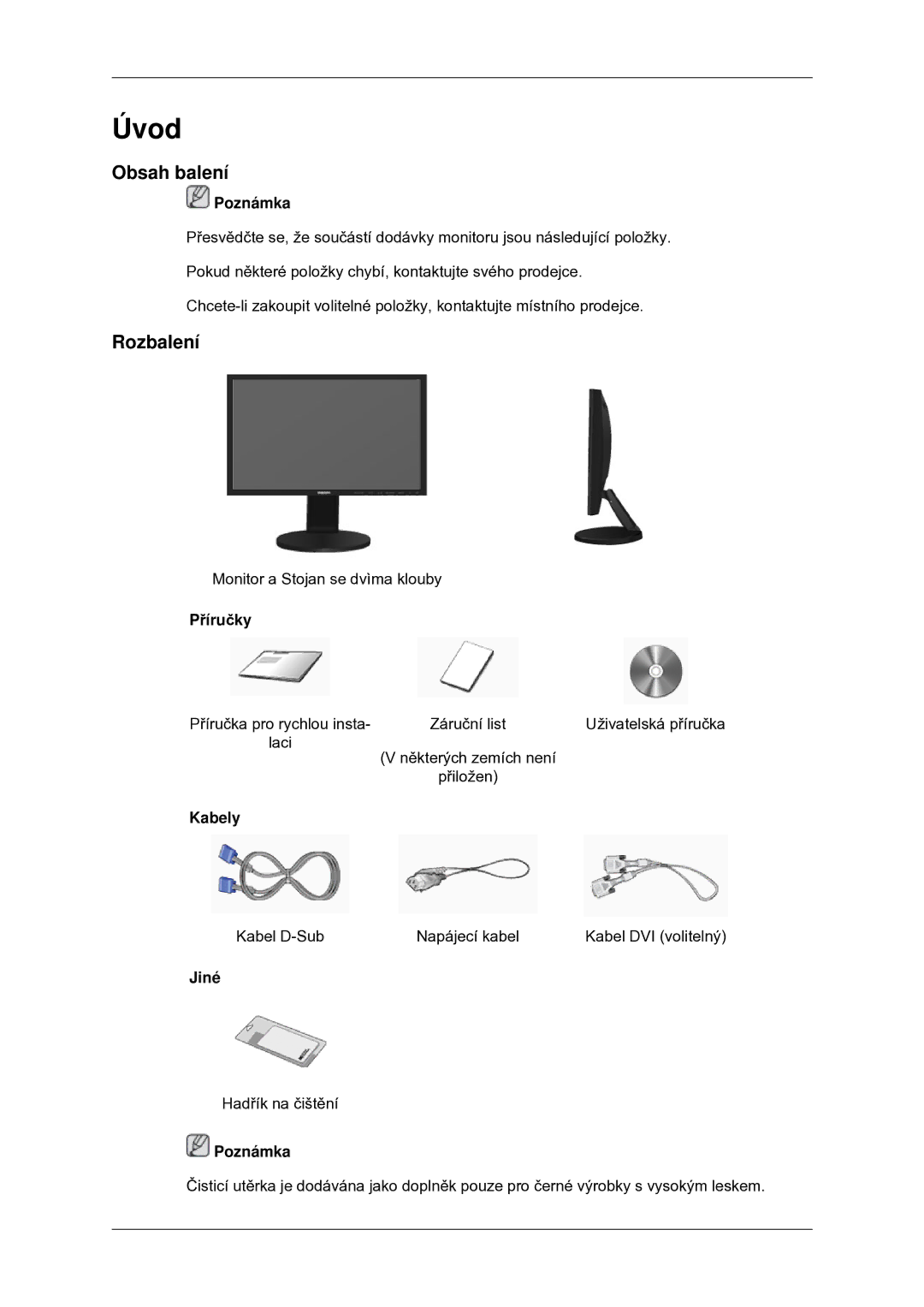 Samsung LS22MYDDSC/EDC manual Úvod, Obsah balení, Rozbalení 