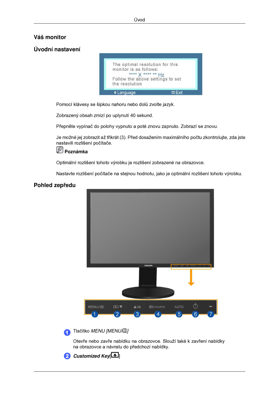 Samsung LS22MYDDSC/EDC manual Váš monitor Úvodní nastavení, Pohled zepředu 