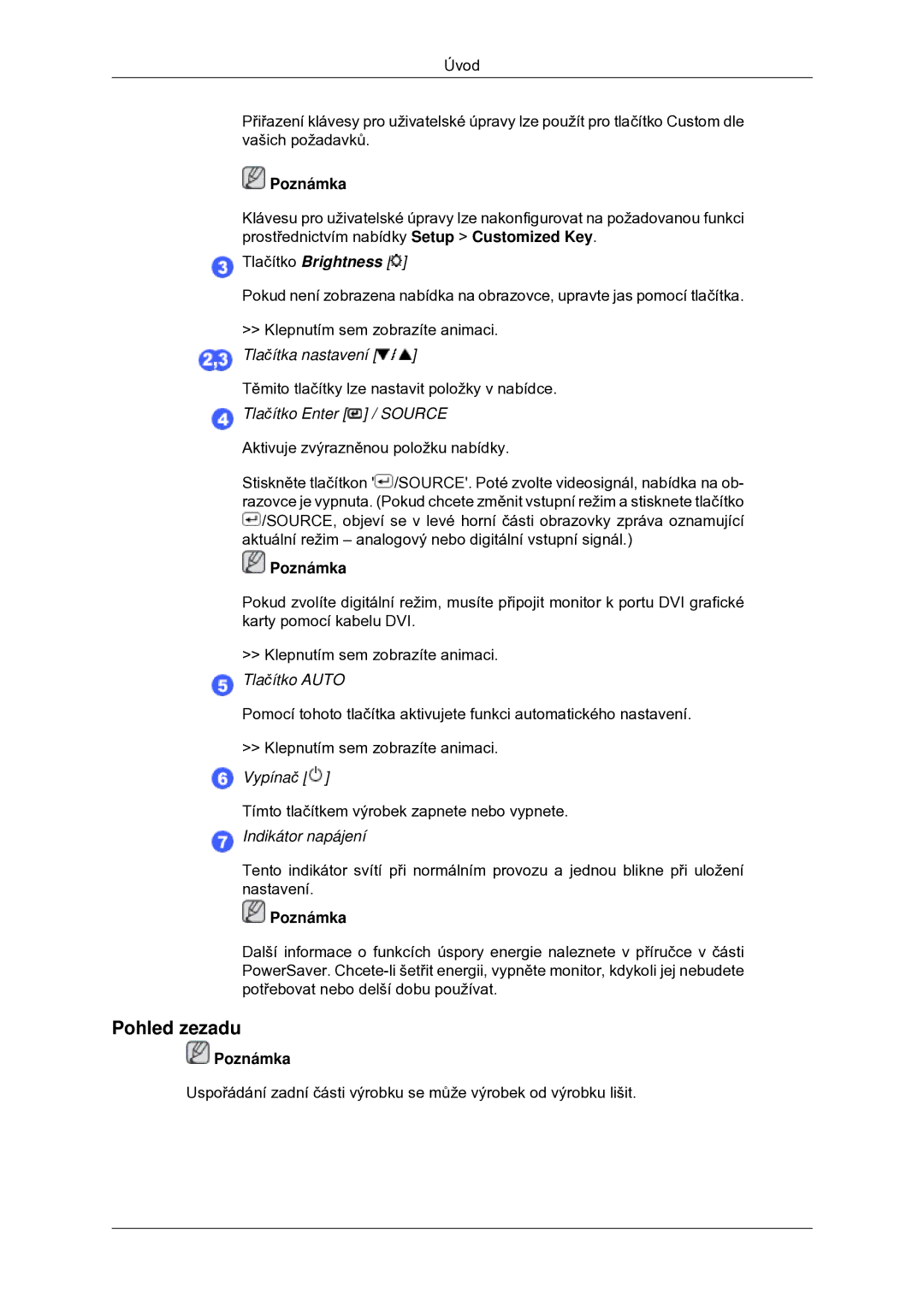 Samsung LS22MYDDSC/EDC manual Pohled zezadu, Tlačítko Brightness 