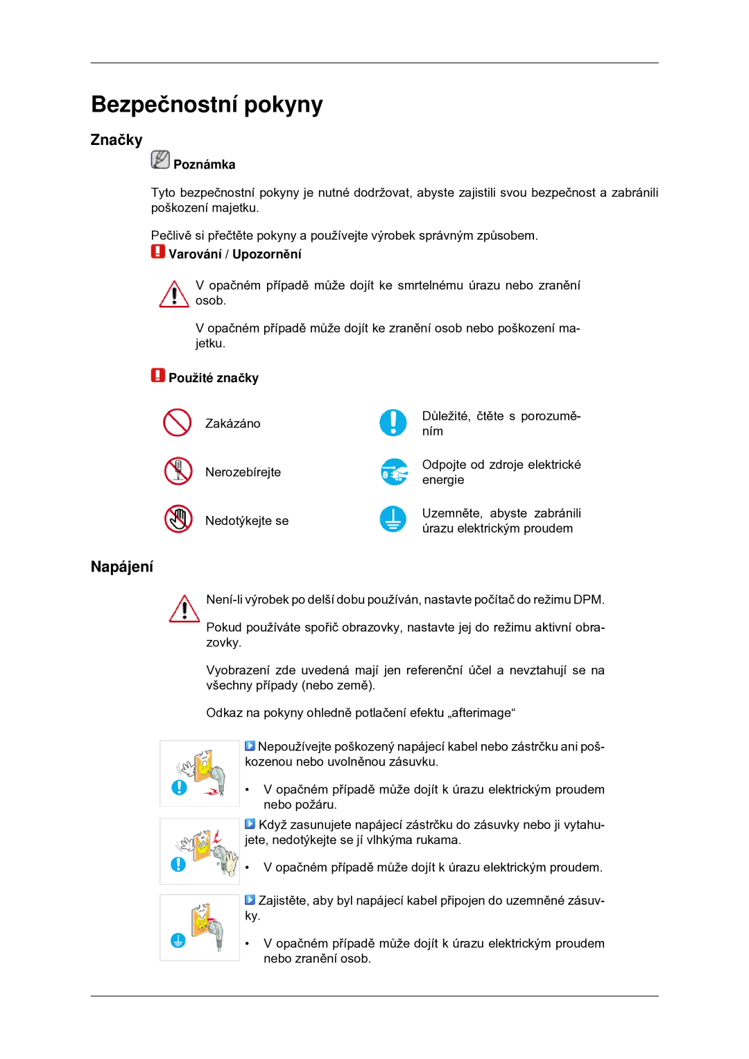 Samsung LS22MYDDSC/EDC manual Bezpečnostní pokyny, Značky, Napájení 