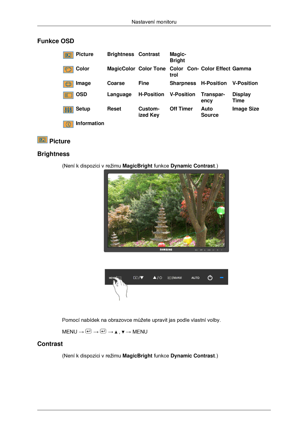 Samsung LS22MYDDSC/EDC manual Funkce OSD, Picture Brightness, Contrast, Ized Key Source Information 