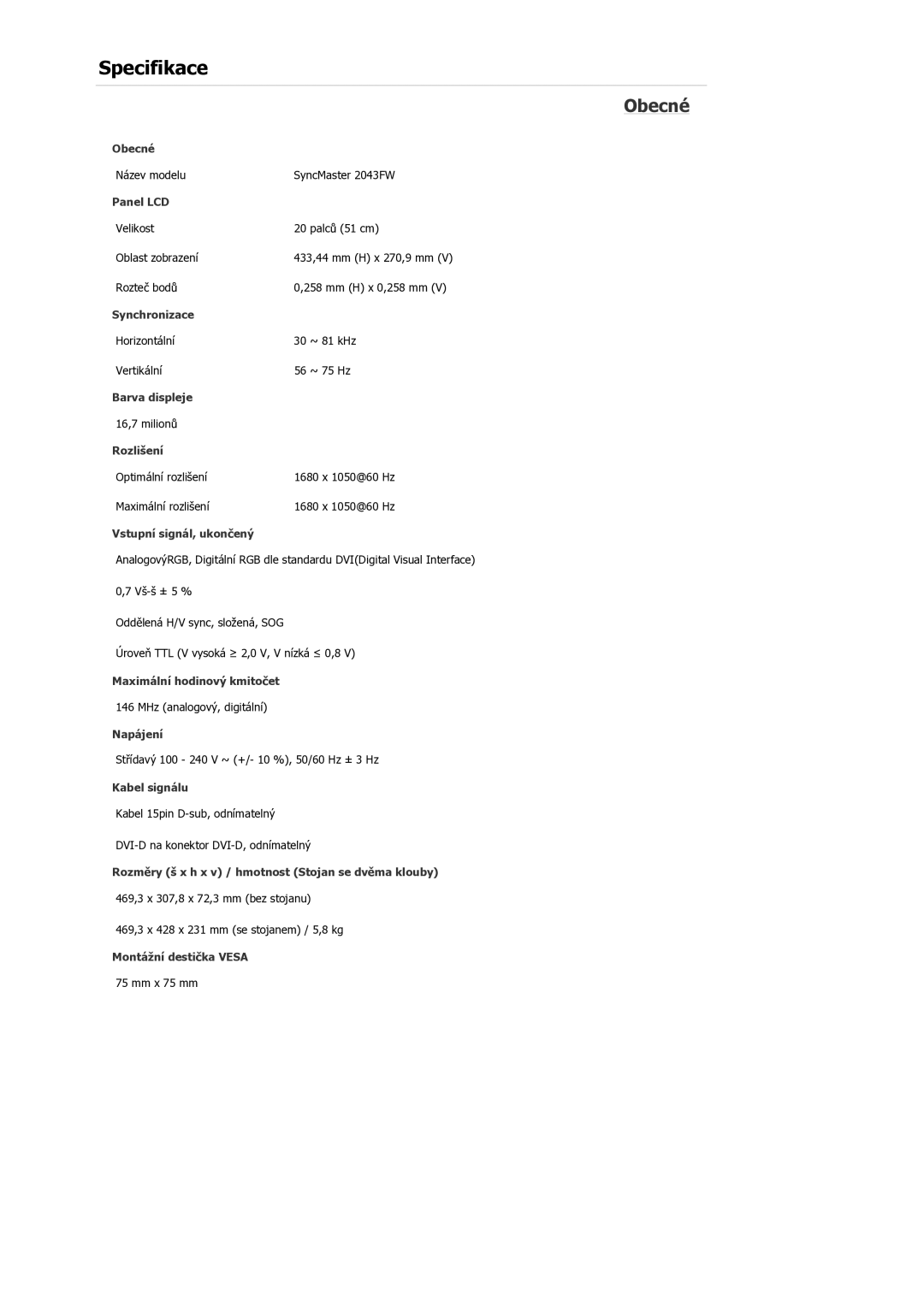 Samsung LS22MYDDSC/EDC manual Specifikace 