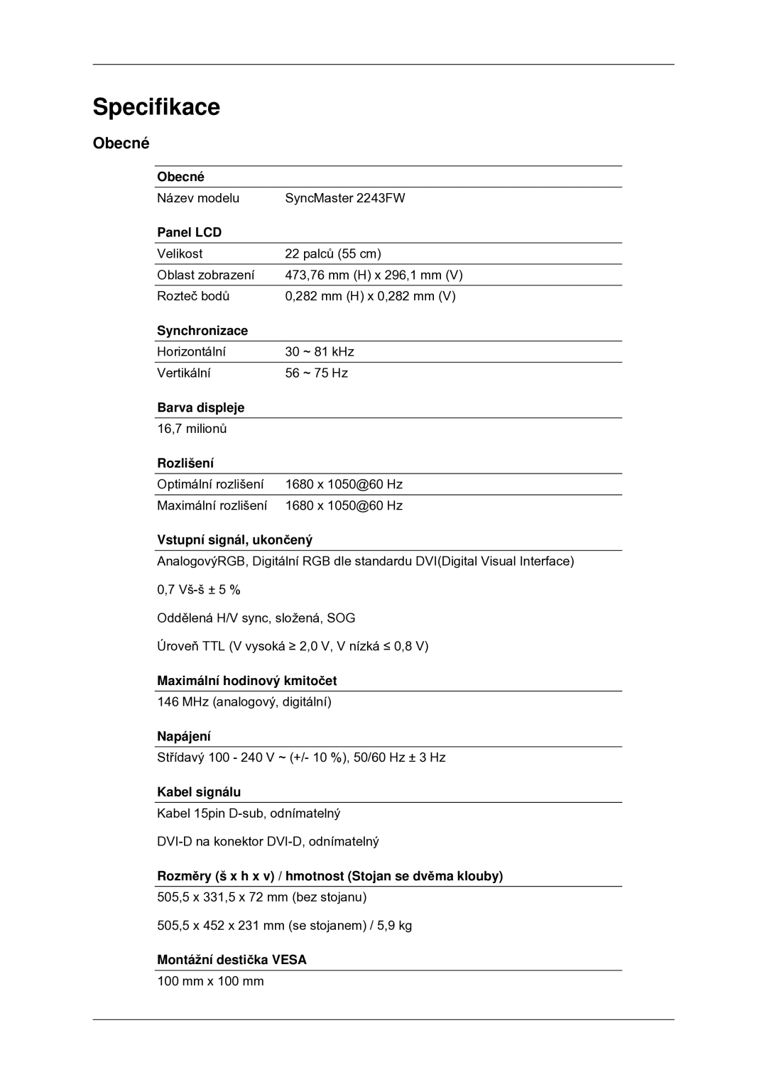 Samsung LS22MYDDSC/EDC manual Specifikace, Obecné 