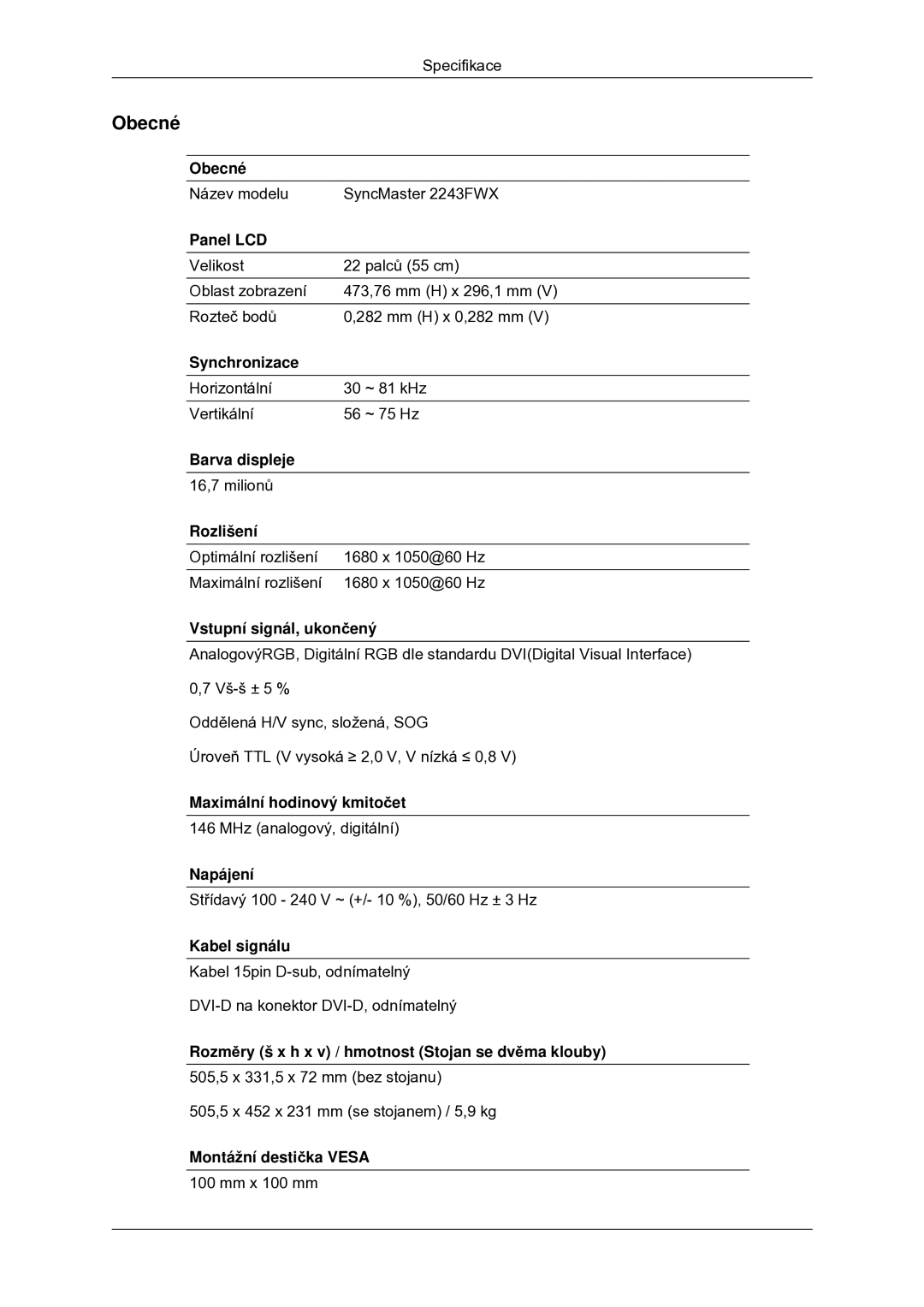 Samsung LS22MYDDSC/EDC manual Název modelu SyncMaster 2243FWX 