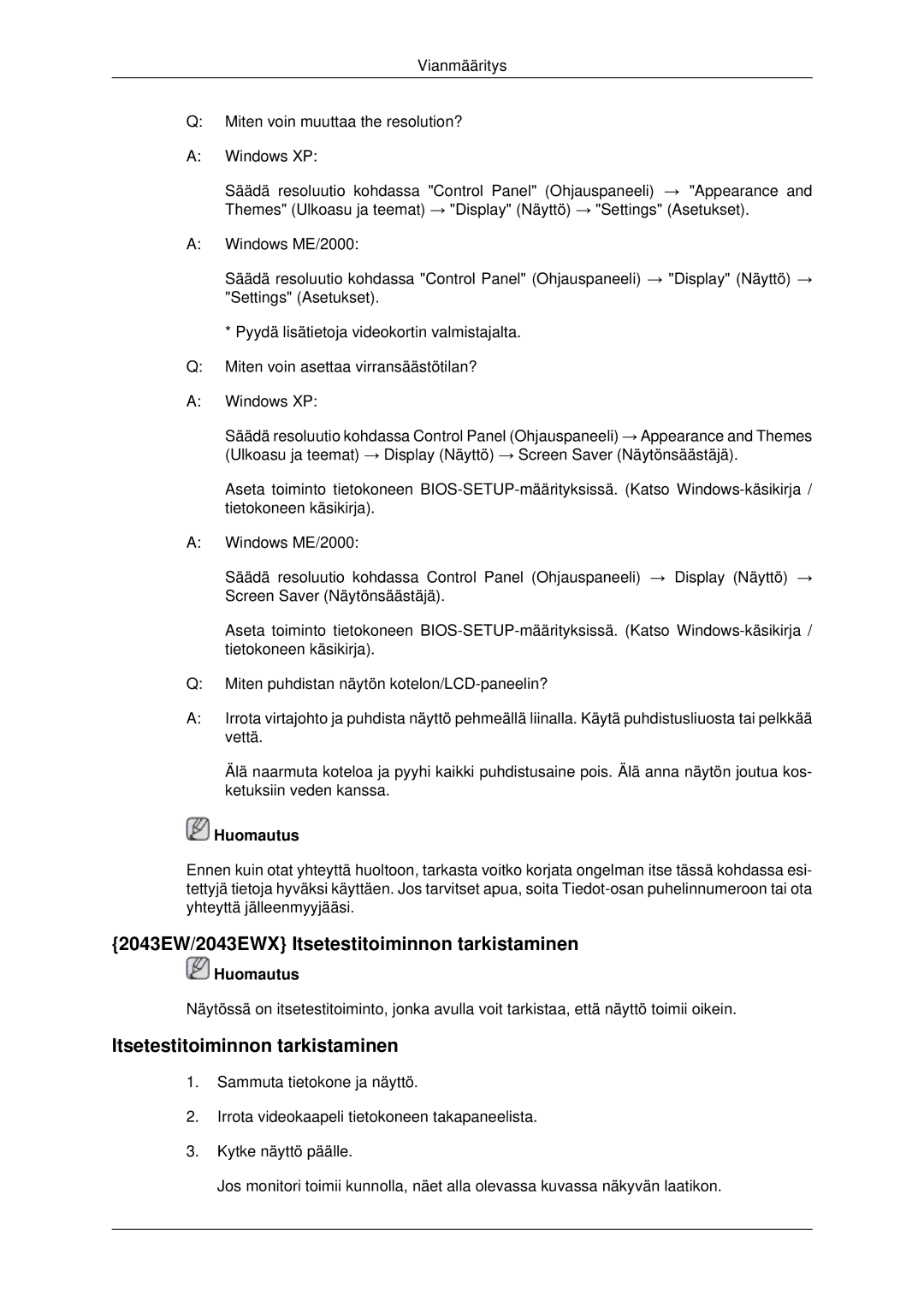 Samsung LS22MYDESC/EDC, LS22MYDEBCA/EN, LS22MYDESCA/EN, LS22MYDEBC/EDC manual 2043EW/2043EWX Itsetestitoiminnon tarkistaminen 