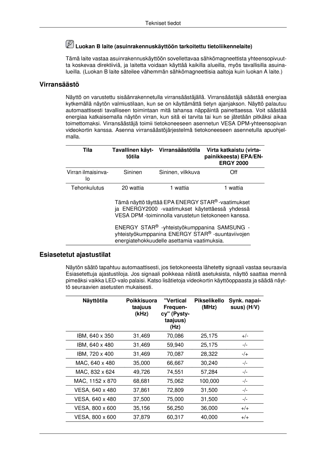 Samsung LS19MYDESC/EDC, LS22MYDEBCA/EN, LS22MYDESC/EDC, LS22MYDESCA/EN, LS22MYDEBC/EDC manual Virransäästö 