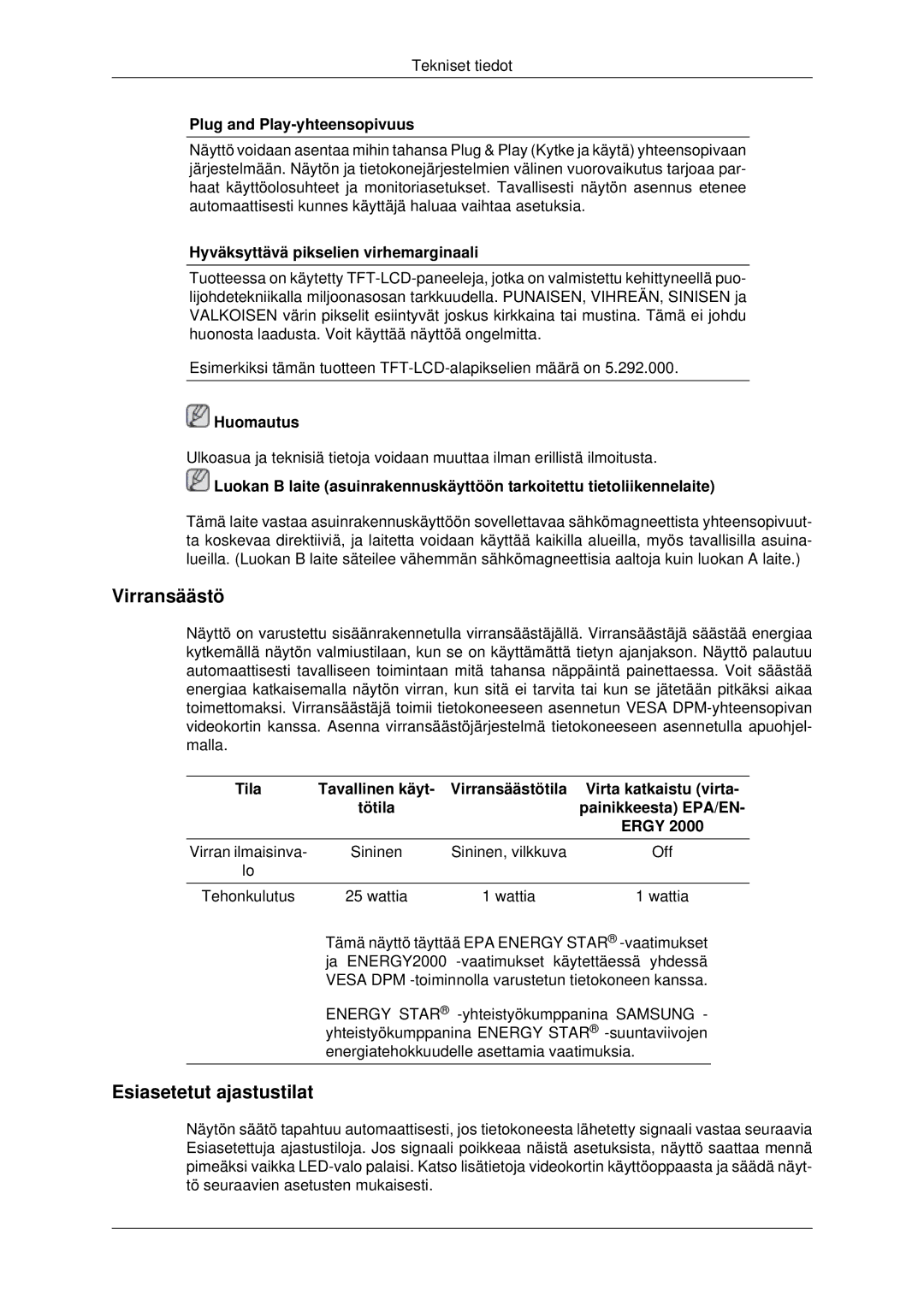 Samsung LS22MYDESCA/EN, LS22MYDEBCA/EN, LS22MYDESC/EDC, LS22MYDEBC/EDC, LS19MYDESC/EDC manual Virransäästö 