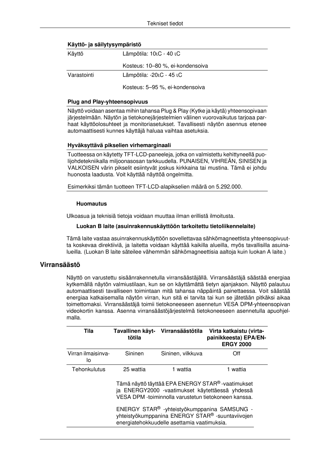 Samsung LS22MYDEBCA/EN, LS22MYDESC/EDC, LS22MYDESCA/EN, LS22MYDEBC/EDC, LS19MYDESC/EDC manual Virransäästö 