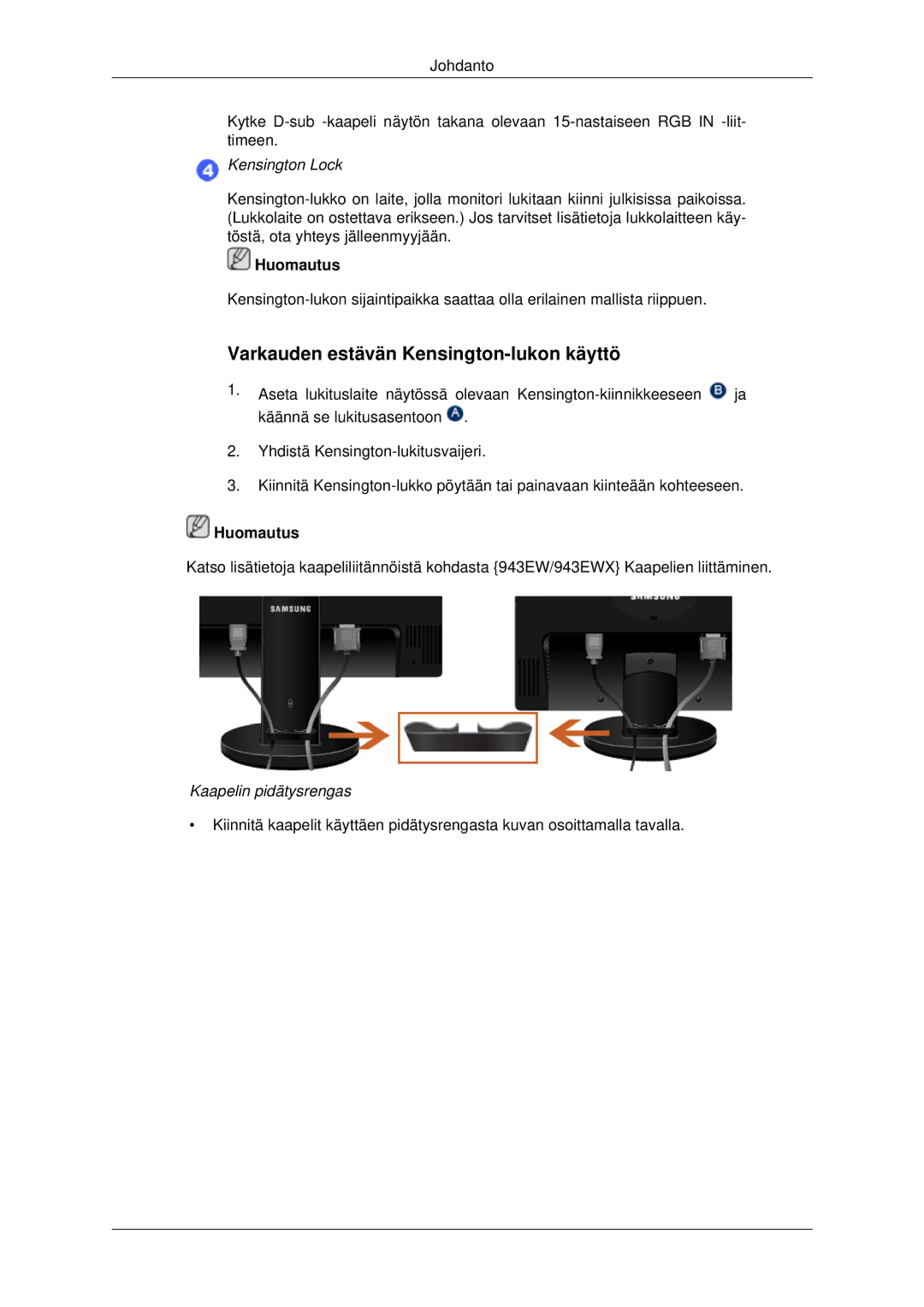 Samsung LS19MYDESC/EDC, LS22MYDEBCA/EN, LS22MYDESC/EDC manual Varkauden estävän Kensington-lukon käyttö, Kensington Lock 