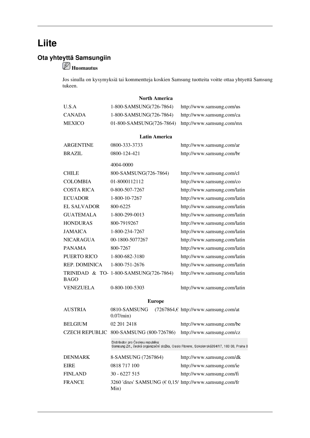 Samsung LS22MYDEBC/EDC, LS22MYDEBCA/EN, LS22MYDESC/EDC, LS22MYDESCA/EN, LS19MYDESC/EDC manual Liite, Ota yhteyttä Samsungiin 